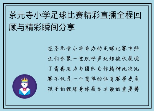 茶元寺小学足球比赛精彩直播全程回顾与精彩瞬间分享